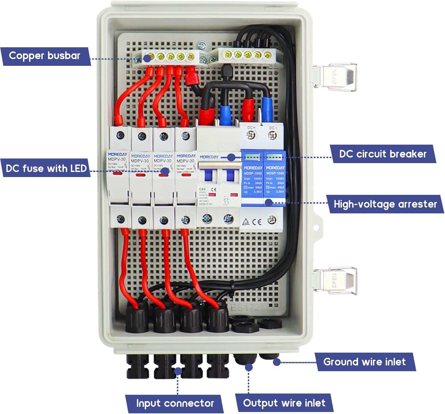 Safe and Reliable: The 4 String Solar Combiner Box is designed for optimal safety and performance. With a built-in 63A DC circuit breaker, a 15A DC fuse, and high vo