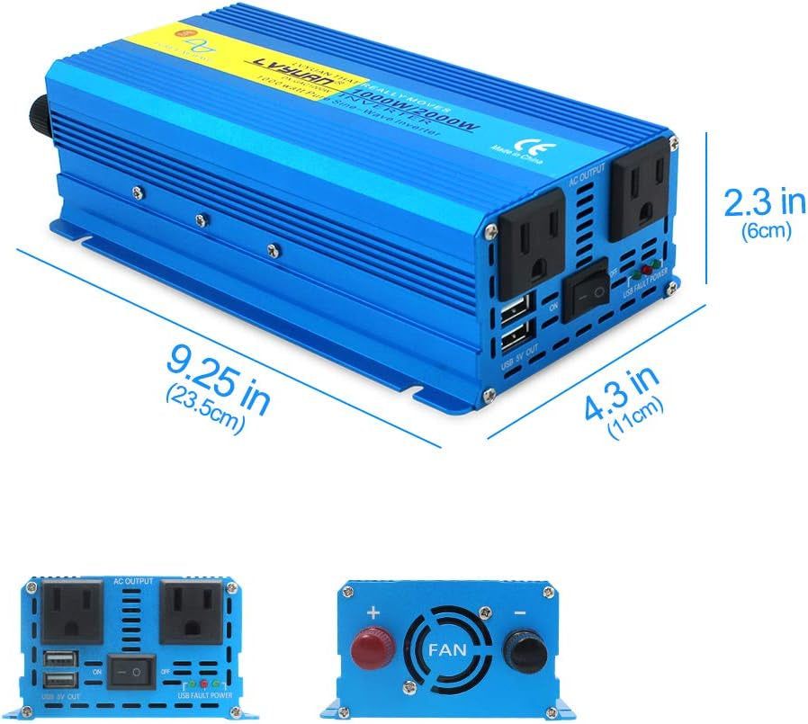 Powerful Output: Enjoy 1000 Watts continuous pure sine wave power with a 2000 Watts surge capacity. Convert DC 12V to AC 110V 60Hz with ease. The inverter's compact 