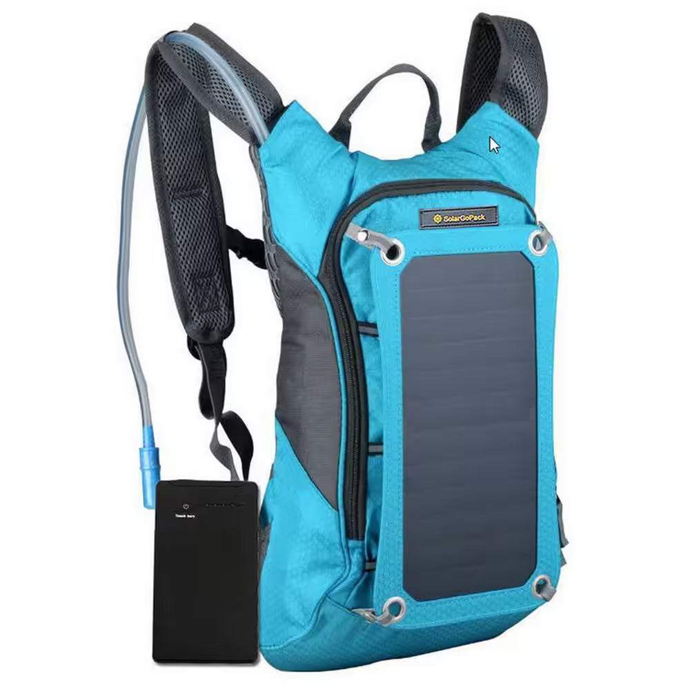 Solar-powered blue backpack with a built-in hydration system and charging panel for on-the-go adventures.