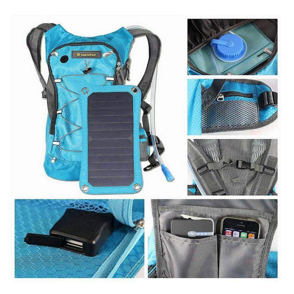 Solar-powered backpack with hydration system, 7-watt solar panel, stylish blue design, durable nylon material, accessory pockets, adjustable straps.