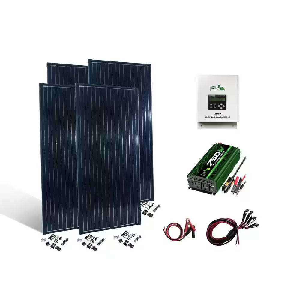 Monocrystalline solar panel offers up to 200W of power
Requires a 12-volt battery (not included)
Includes 750W inverter, charge controller, brackets and cables
 Intr