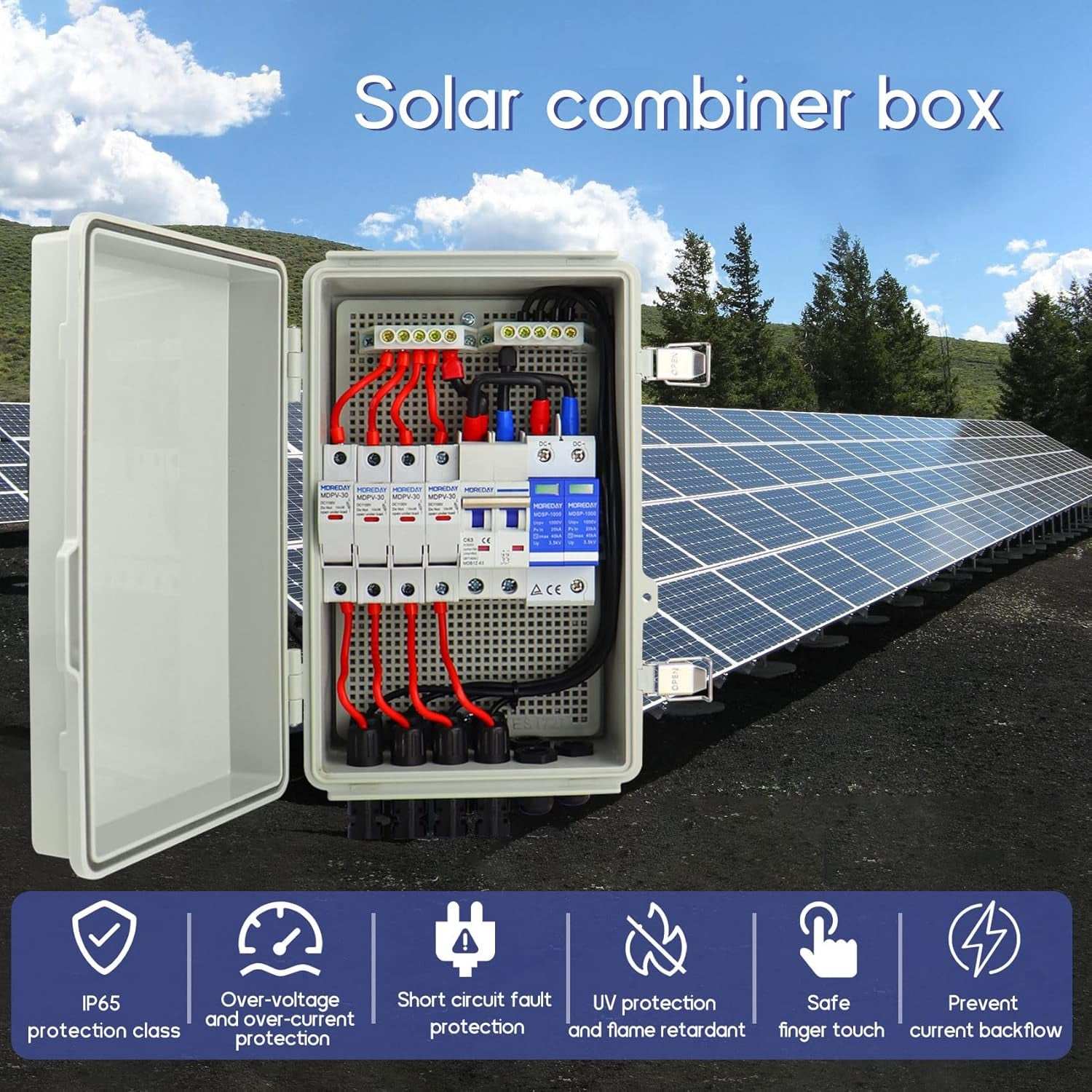 Safe and Reliable: The 4 String Solar Combiner Box is designed for optimal safety and performance. With a built-in 63A DC circuit breaker, a 15A DC fuse, and high vo