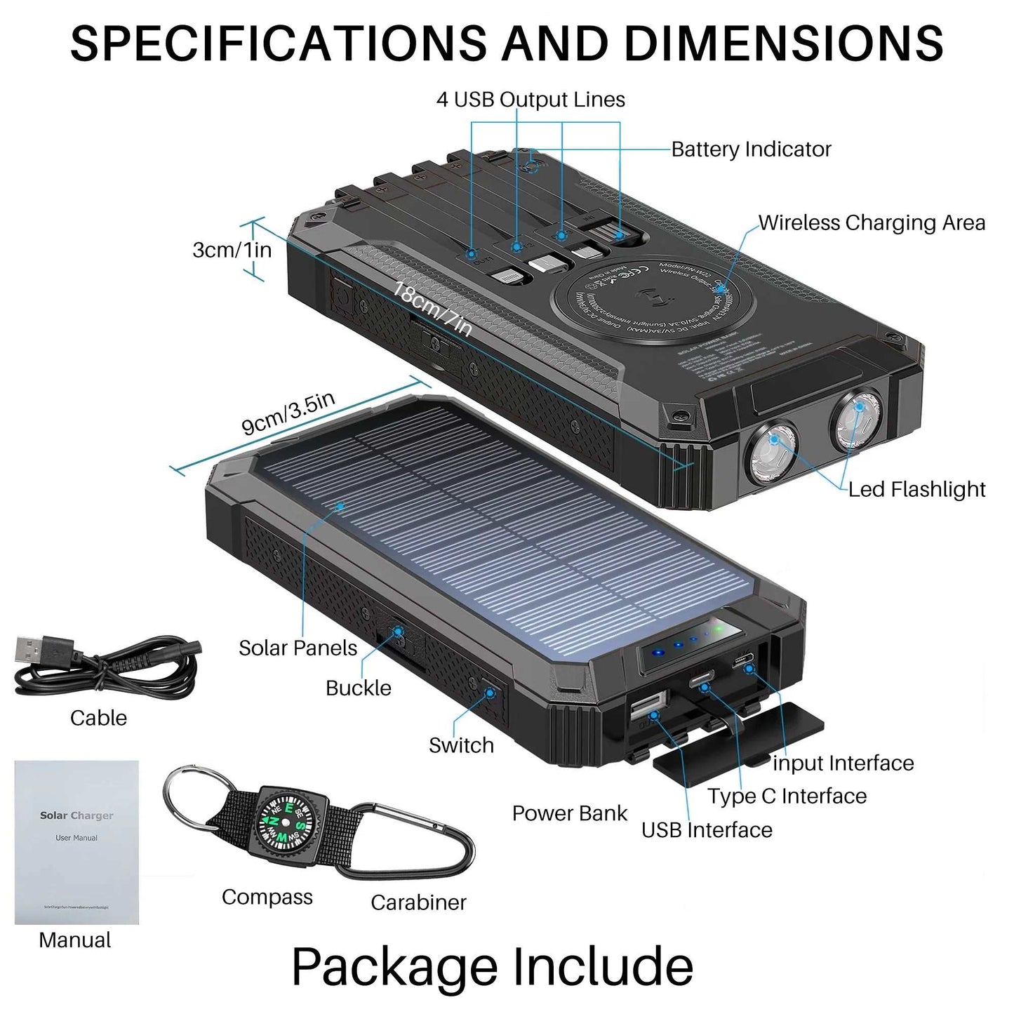 Ultimate Solar-Powered Battery Backpack specifications and dimensions, showcasing USB ports, LED flashlight, and solar panels.