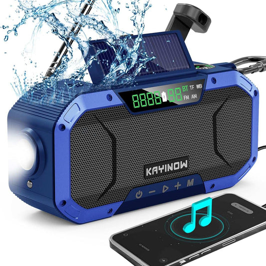 Ultimate survival Bluetooth emergency weather radio, hand crank and solar powered, waterproof NOAA AM/FM speaker with 5000mAh battery, flashlight, phone charger, and SOS features.