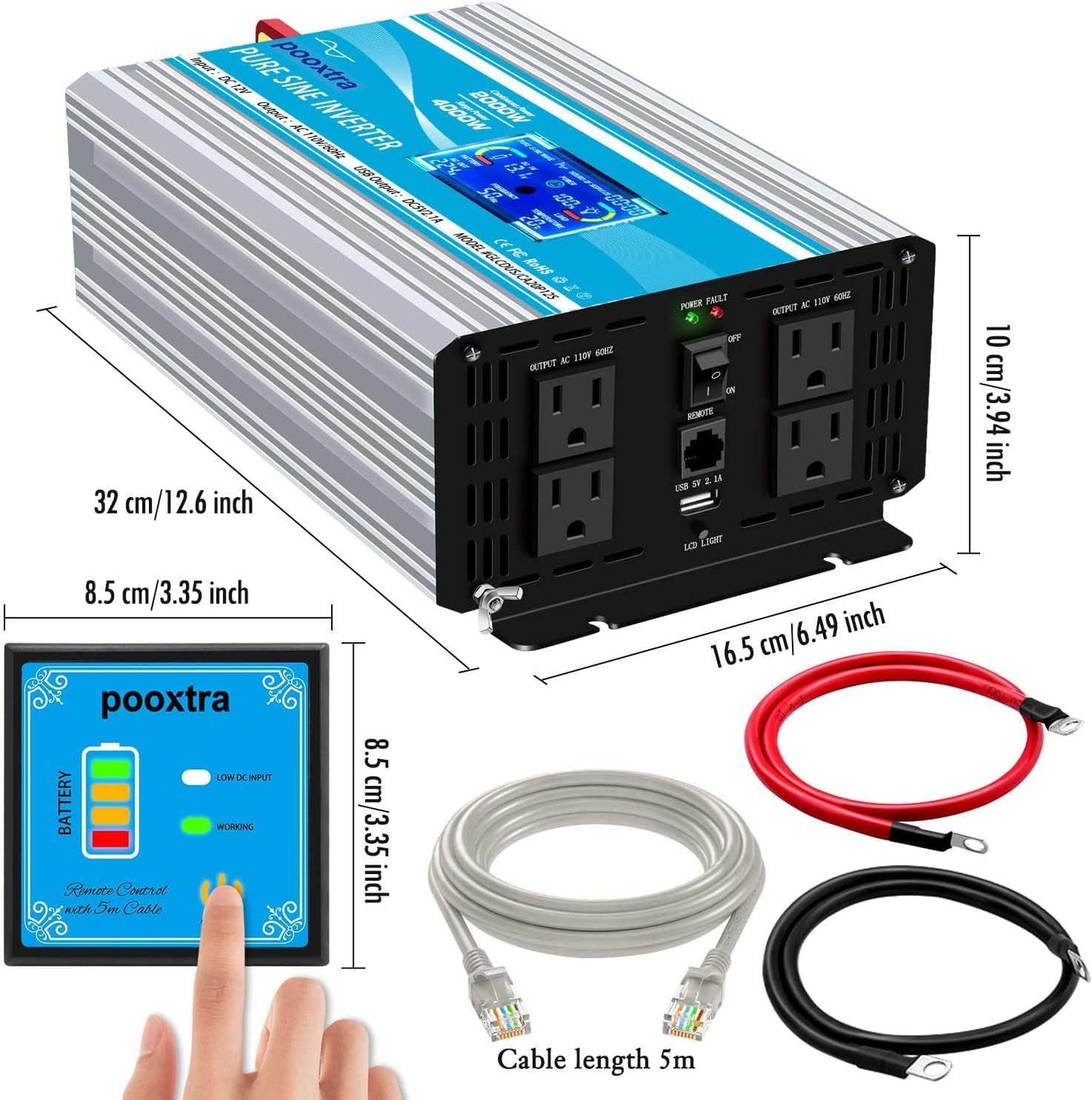 2000 Watt Pure Sine Wave Inverter 12V to AC 110V with 4AC Power Outlets,Remote Control,2 Cooling Fans + LCD Display & USB Port for Home RV Emergency to Use(4000 Watt Peak Power)