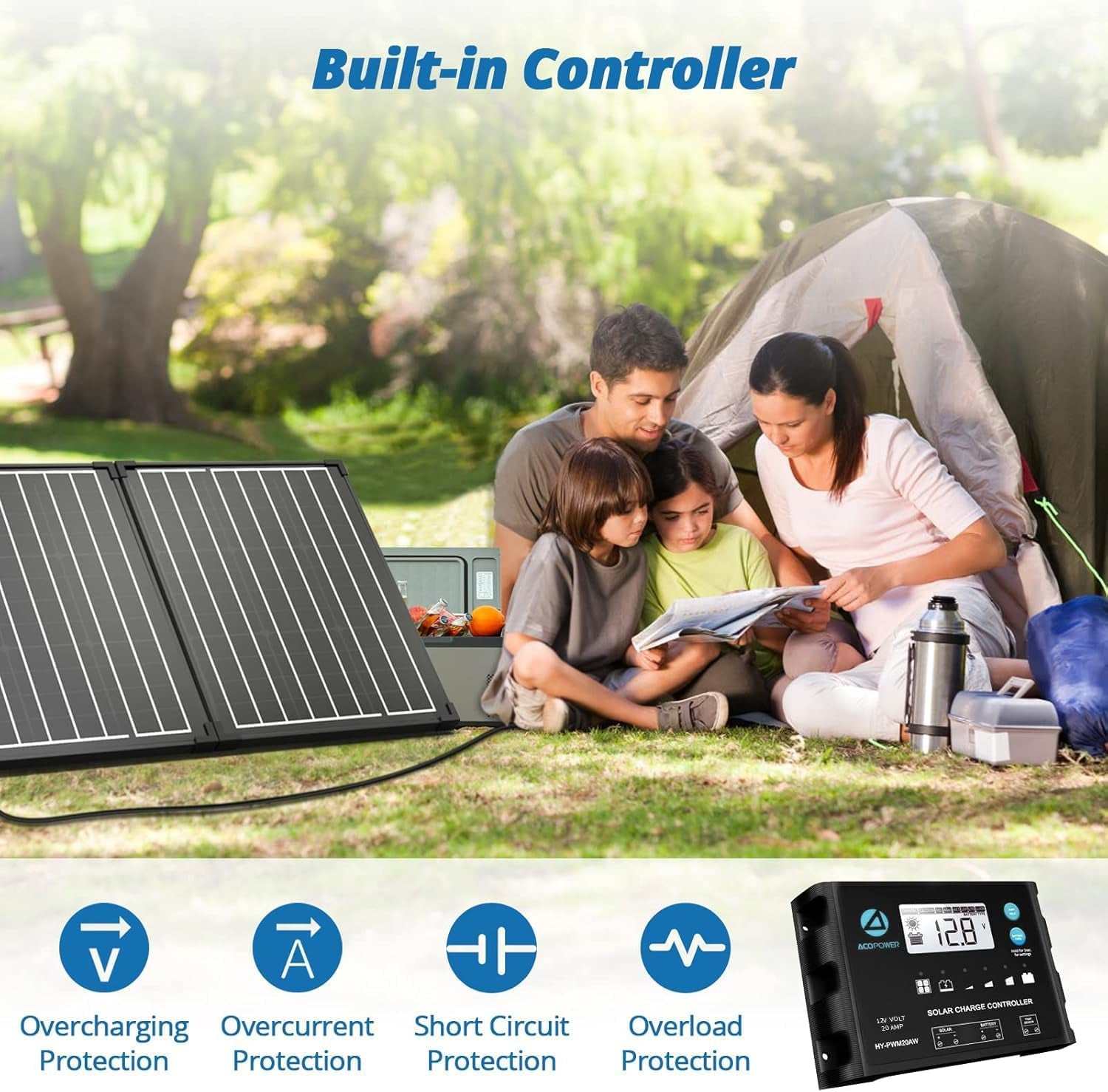 100W portable solar panel with waterproof 20A charger controller for camping and RV use.