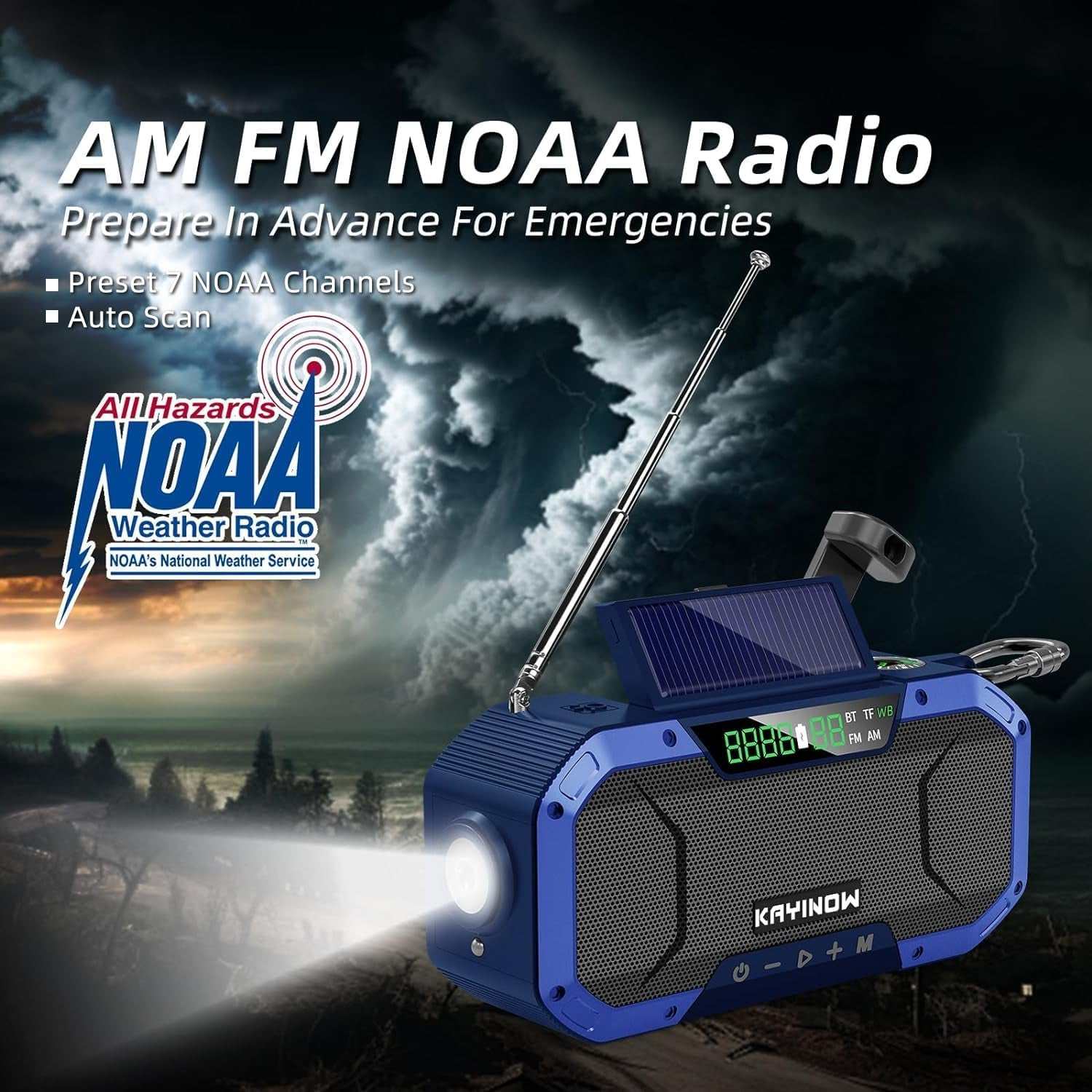 Ultimate survival Bluetooth emergency weather radio with hand crank, solar power, and NOAA channels in stormy setting.