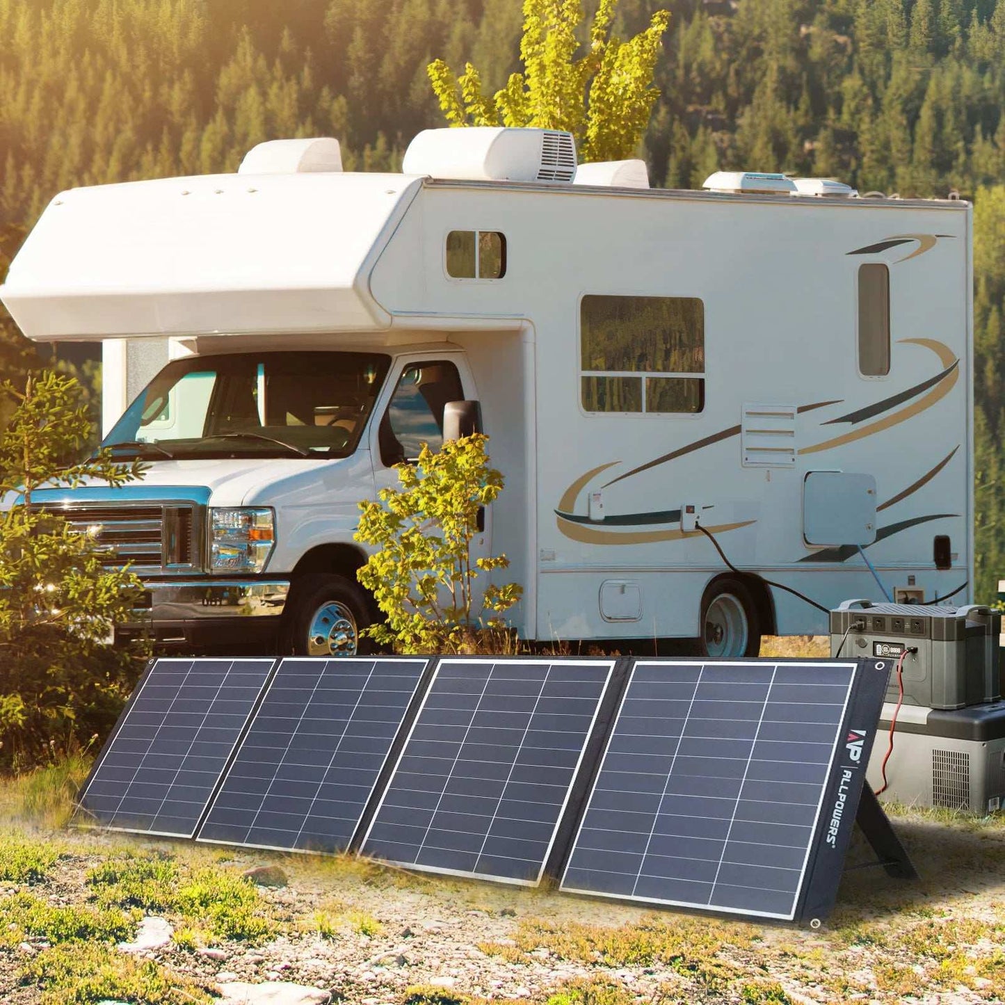 200W solar panel for camping, RVs, emergency backup; portable, foldable, high-efficiency solar cells with adjustable kickstand.