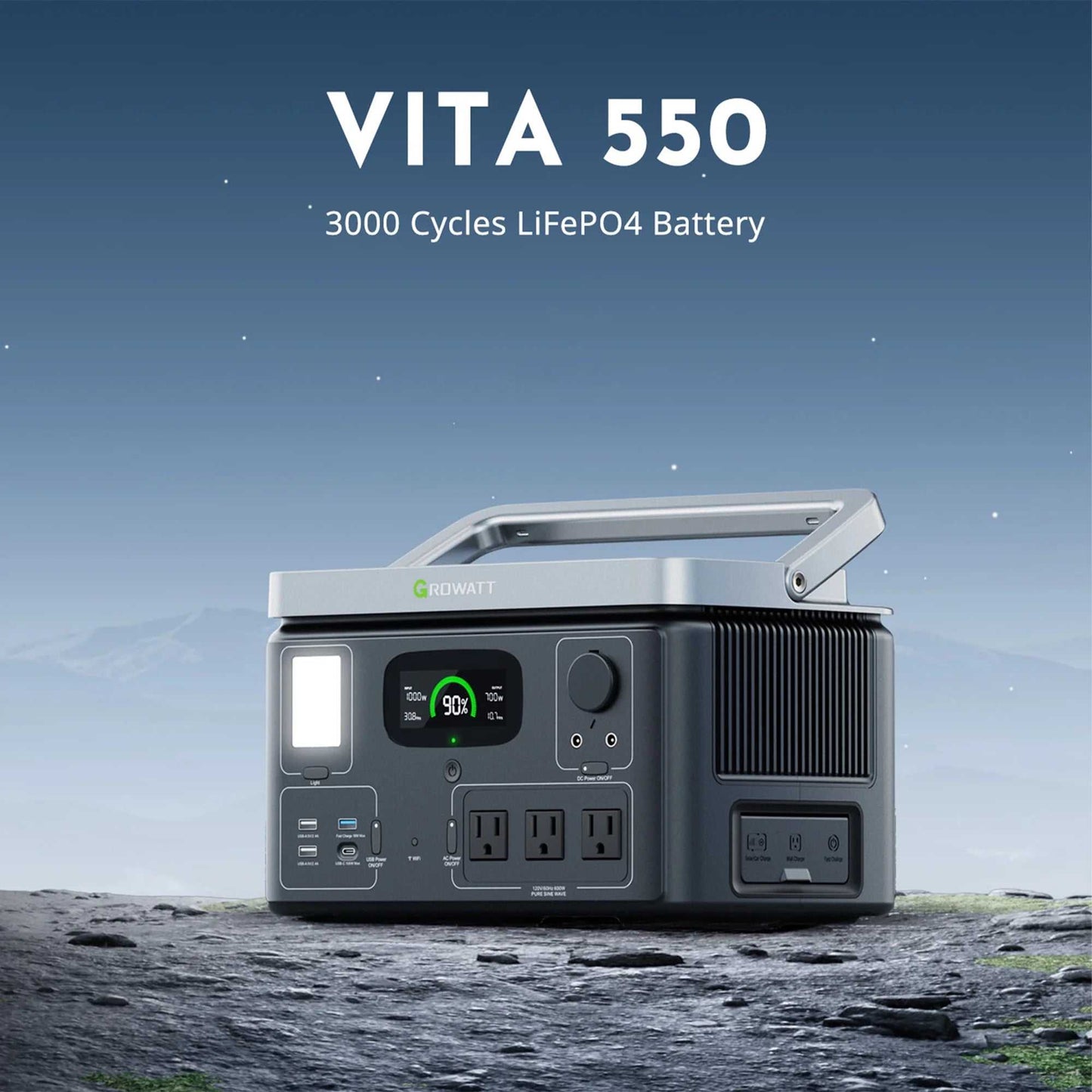 VITA 550 portable power station uses a LiFePO4 Battery, which is durable for over 3000 cycles of charges and discharges. With a 538Wh capacity battery and 11 Outlets