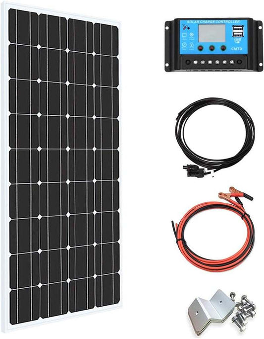 100W solar power kit with solar panel, 10A charge controller, cables, and mounting brackets. Ideal for RVs and off-grid applications.