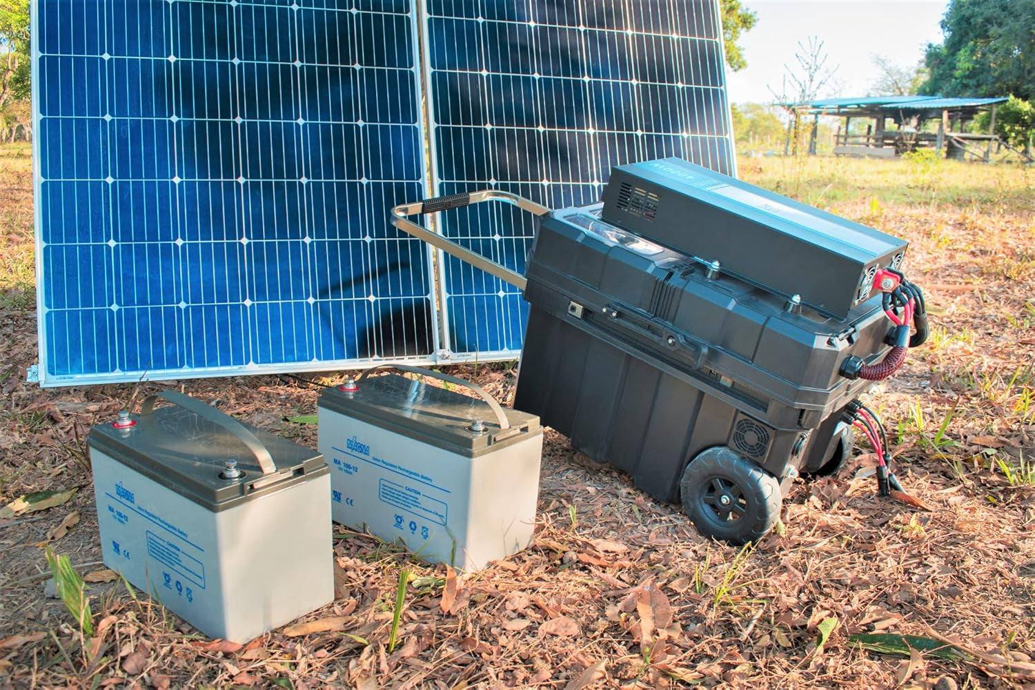 Powerful portable solar generator CEP Scout Complete 3000W mod sine inverter with wheels, shown with solar panels and batteries.