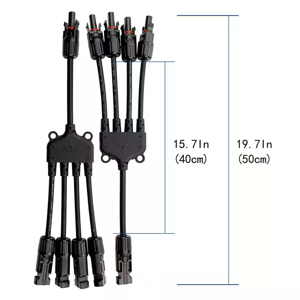 800-Watt solar panel system connectors with measurement guide for easy installation.