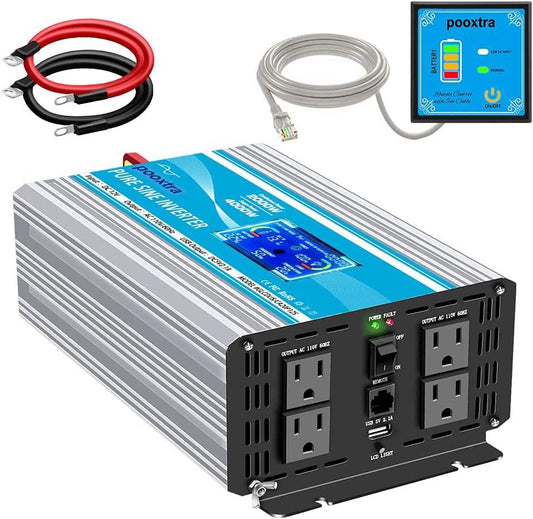 2000 Watt Pure Sine Wave Inverter 12V to AC 110V with 4AC Power Outlets,Remote Control,2 Cooling Fans + LCD Display & USB Port for Home RV Emergency to Use(4000 Watt Peak Power)