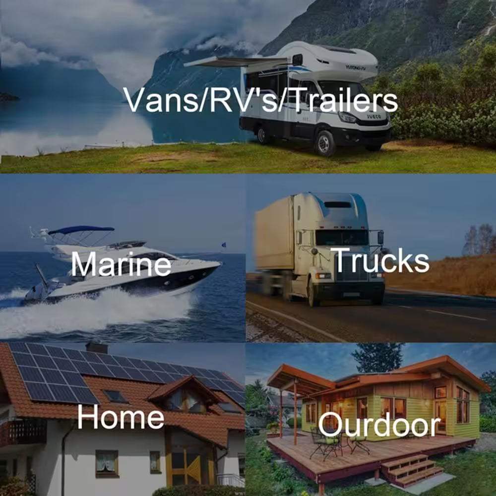 800-Watt solar panel system for RVs, marine, trucks, home, outdoor use; versatile off-grid power solutions.