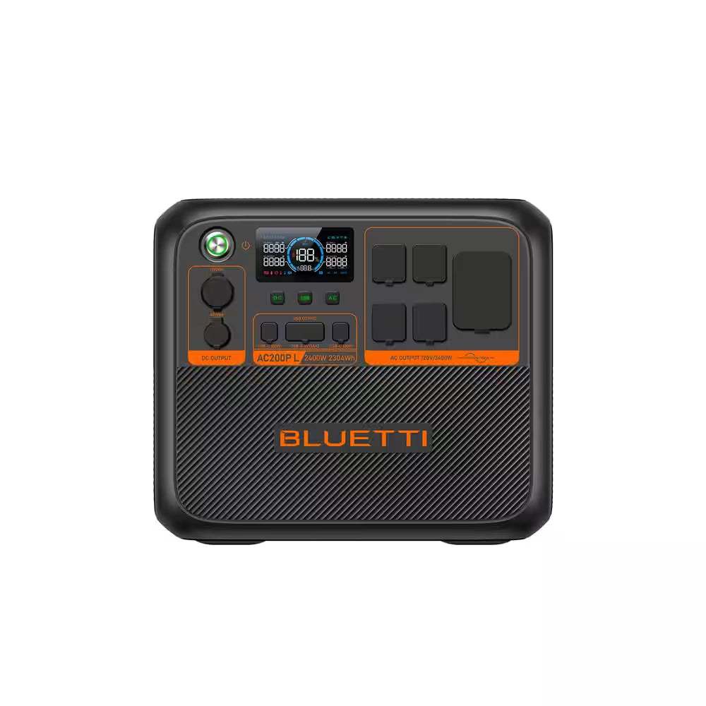 BLUETTI AC200PL Solar Superhero portable power station with multiple outlets and charging display.