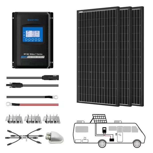 Solar Panel Party Pack with 300-Watt Kit, 3 Panels, and Charge Controller for Offgrid Adventures