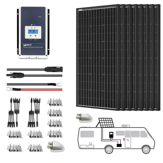 800-Watt solar panel system with 8 panels and accessories for off-grid power solutions.