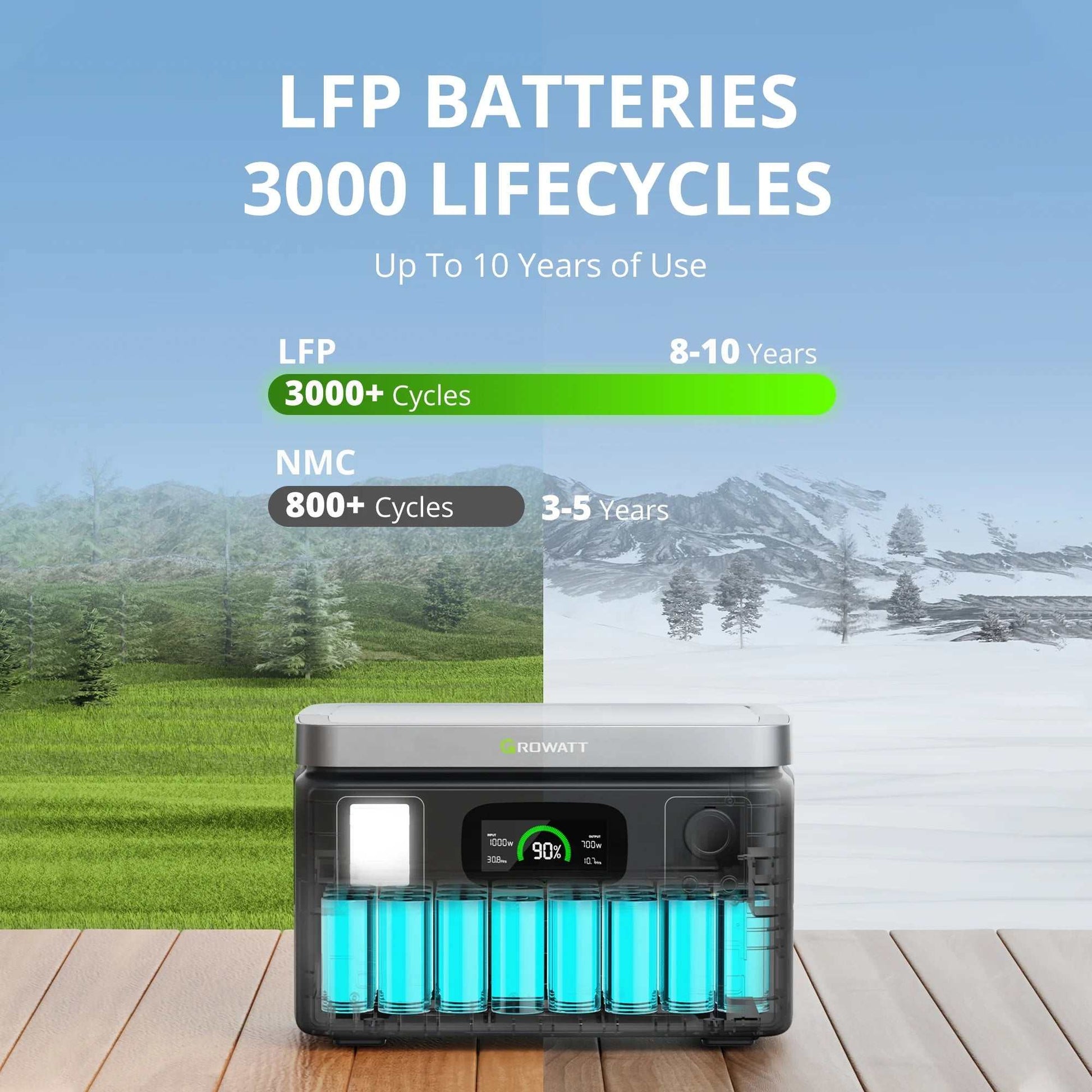 VITA 550 portable power station uses a LiFePO4 Battery, which is durable for over 3000 cycles of charges and discharges. With a 538Wh capacity battery and 11 Outlets