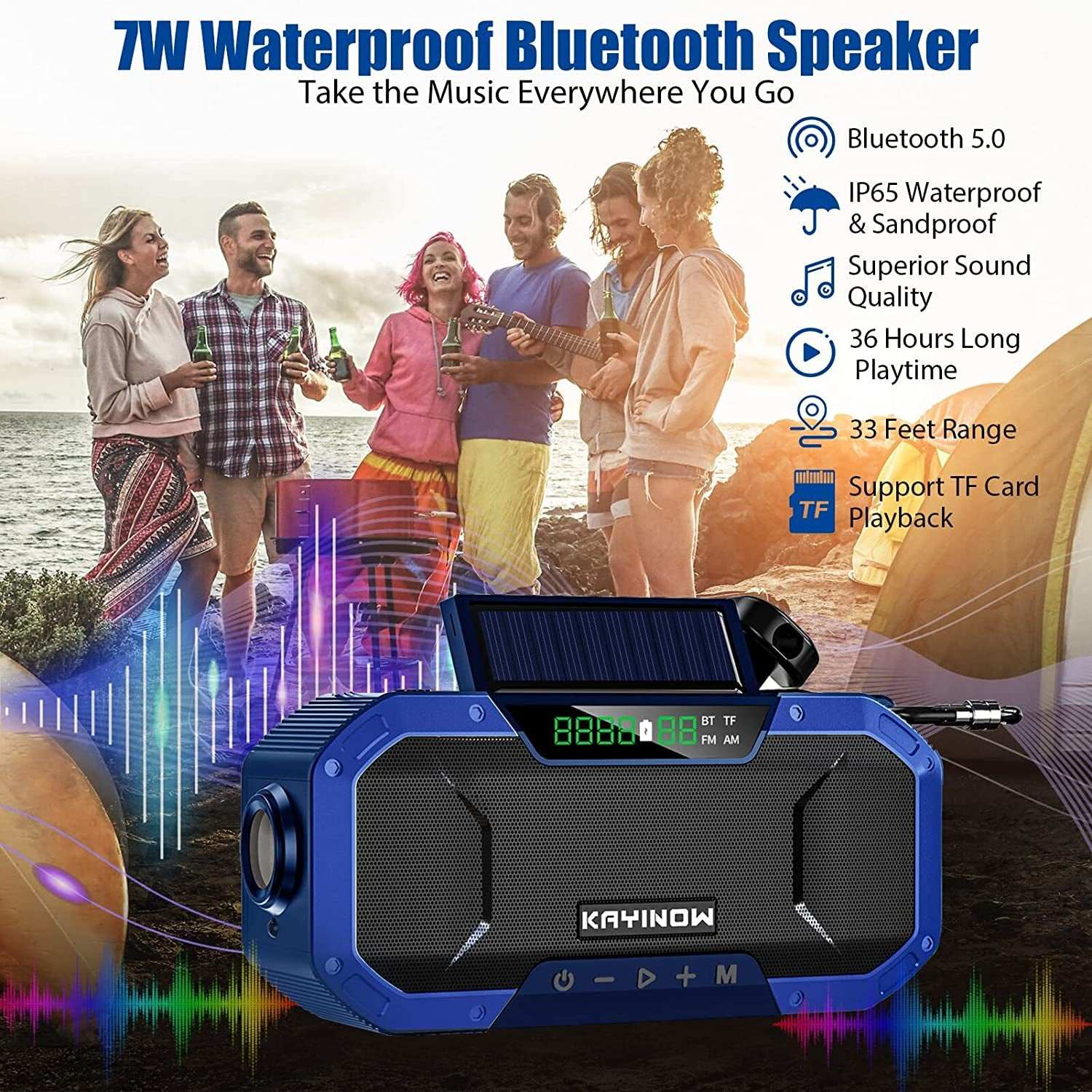 Ultimate Survival Bluetooth Emergency Weather Radio with hand crank, solar power, waterproof IPX5, NOAA AM/FM, 5000mAh battery, flashlight, phone charger, SOS features.