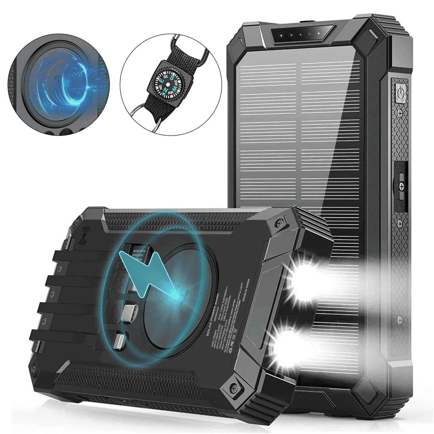 Ultimate Solar-Powered Battery Backpack with 30,000mAh capacity, solar charging, 3 USB ports, and LED lights.