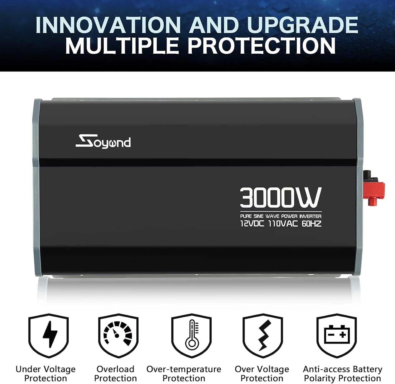 🎅【3000 watt Pure Sine Wave Inverter】Supply 3000W continuous DC to AC pure sine wave output power and 6000Watts peak power, featuring AC outlets with 6 ft cables, Su