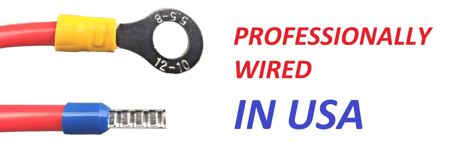 Professionally wired solar power cable with terminals, made in USA.