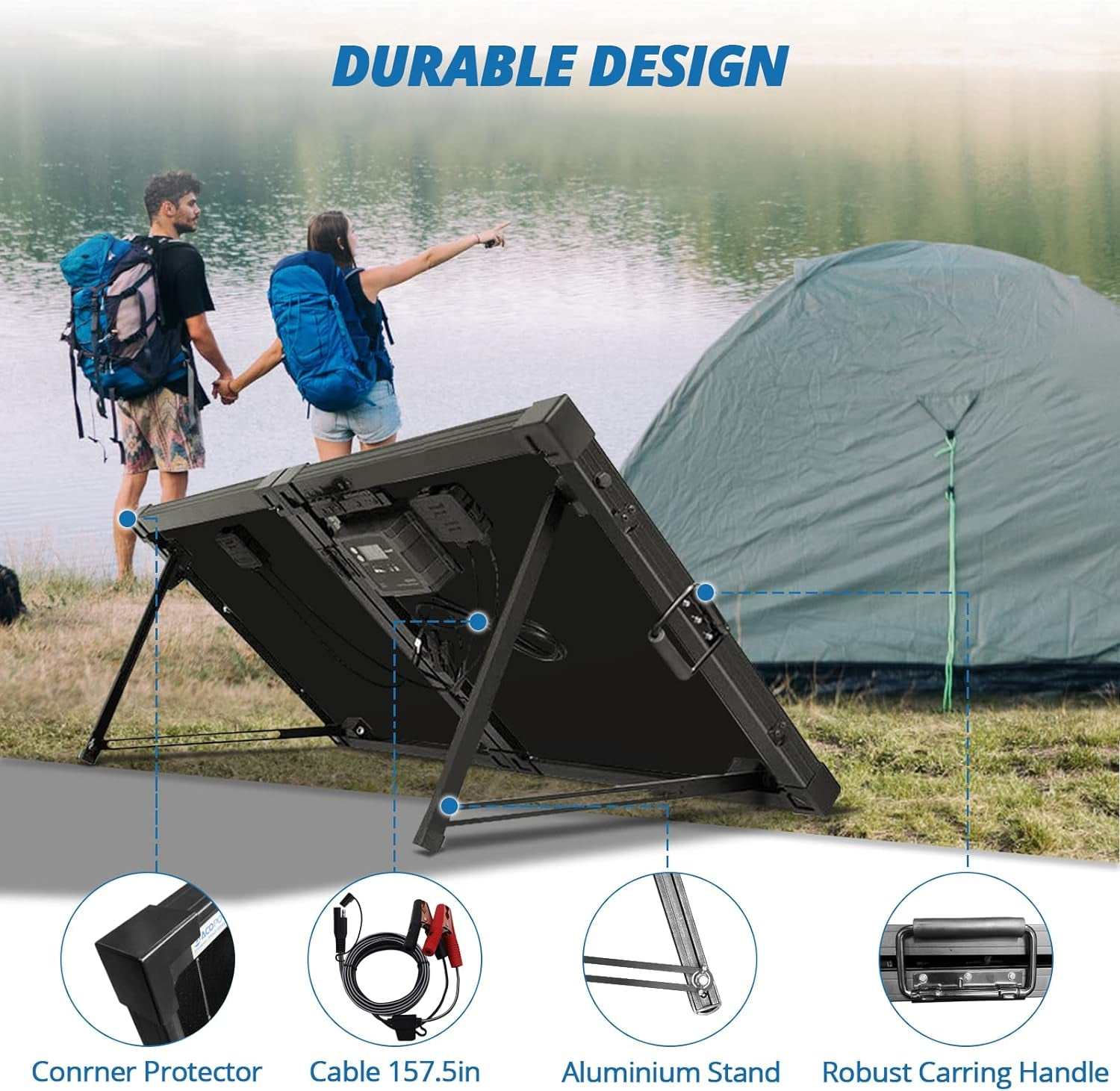 Portable 100W 12V solar panel kit with waterproof 20A charger; foldable monocrystalline design for camping and RV.