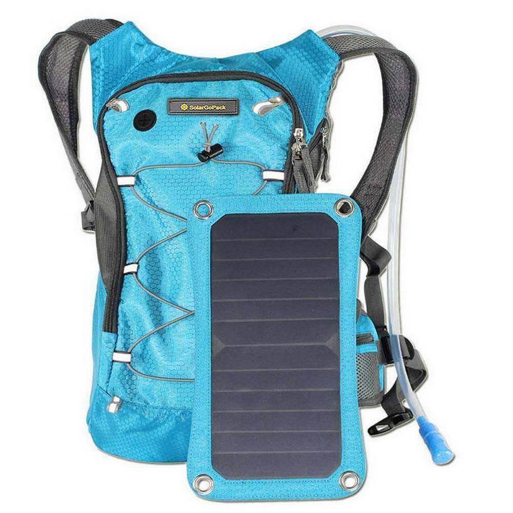 Solar-powered backpack with 7-watt panel and hydration system for outdoor adventures.