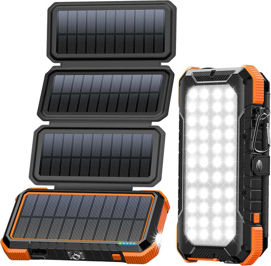 Ultimate Solar Charger Power Bank with 4 foldable panels, 20000mAh capacity, USB-C fast charging, camping flashlight, and compass. Ideal for outdoor adventures.