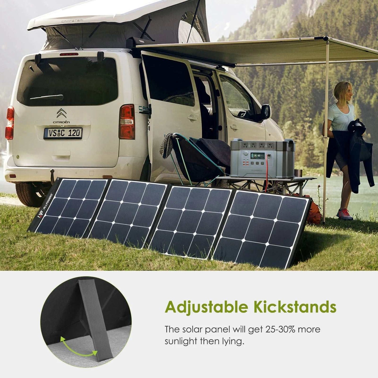 200W solar panel for outdoor power, camping, RVs, and emergency backup with high-efficiency solar cells and adjustable kickstand.