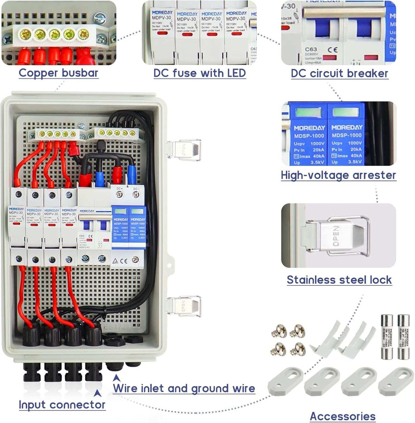 Safe and Reliable: The 4 String Solar Combiner Box is designed for optimal safety and performance. With a built-in 63A DC circuit breaker, a 15A DC fuse, and high vo