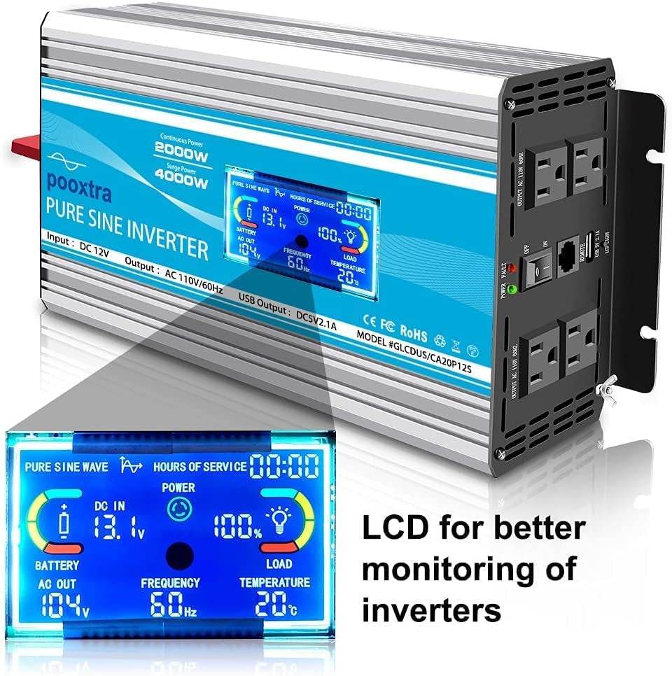 2000 Watt Pure Sine Wave Inverter 12V to AC 110V with 4AC Power Outlets,Remote Control,2 Cooling Fans + LCD Display & USB Port for Home RV Emergency to Use(4000 Watt Peak Power)