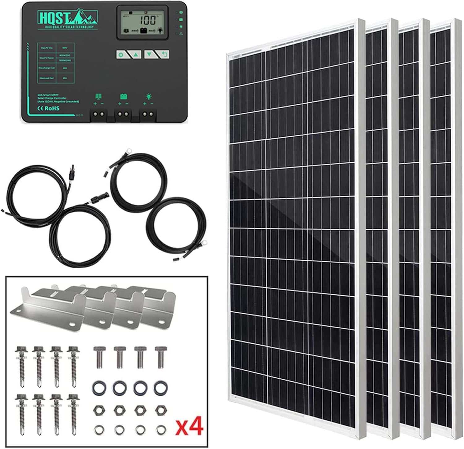 400W Solar Panel Kit with MPPT Controller, cables, and Z brackets for efficient energy conversion and easy installation.