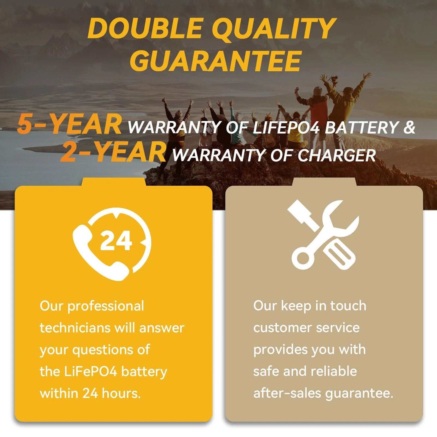 Double quality guarantee with 5-year warranty for LiFePO4 battery and 2-year warranty for charger; professional technician support available within 24 hours for Supercharged 12V 200Ah Sleepy Sloth Battery & Energizer Bunny Charger.