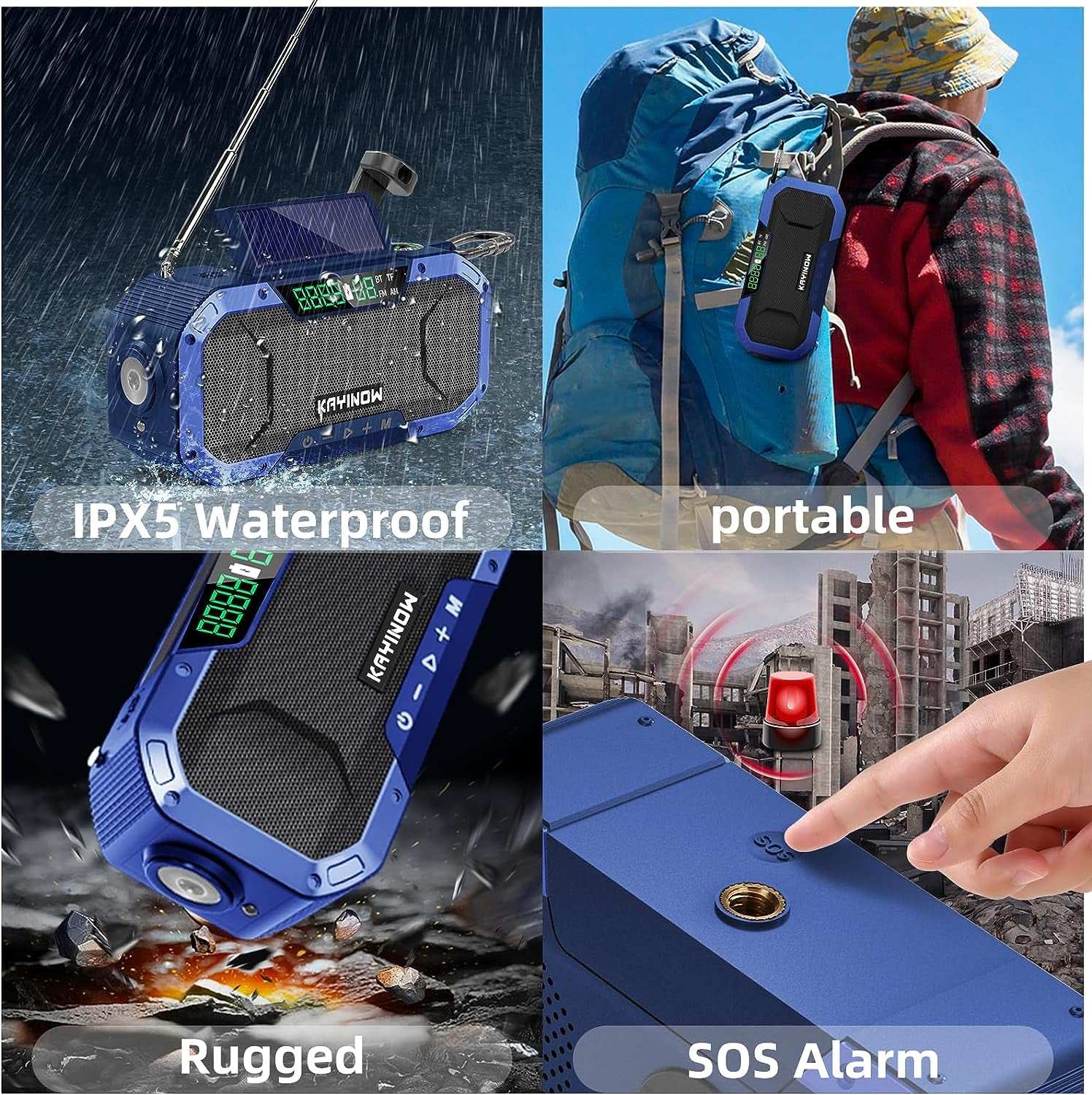 Ultimate survival Bluetooth emergency weather radio, hand crank and solar powered, waterproof, portable, rugged, with SOS alarm.