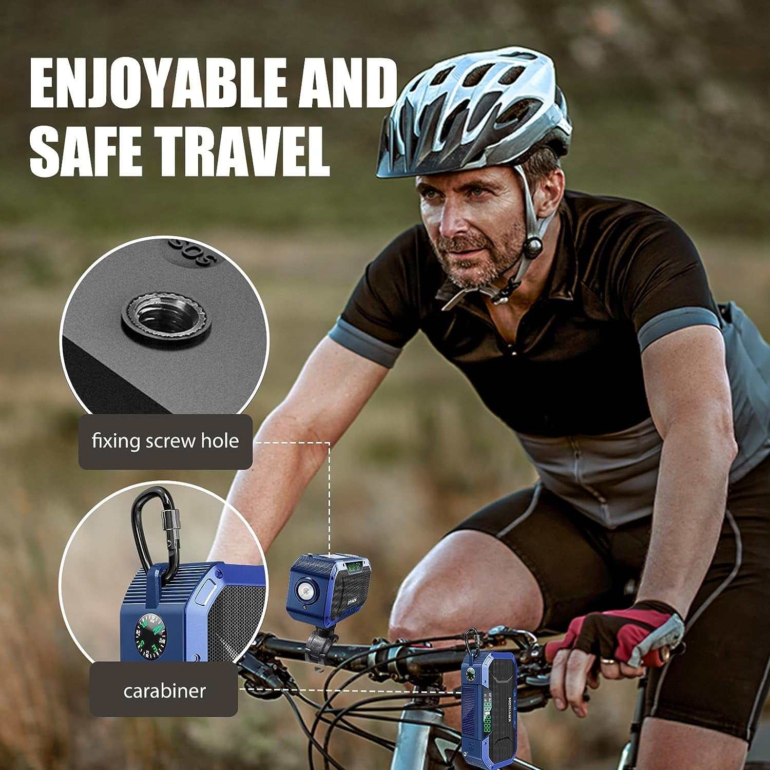 Ultimate survival Bluetooth emergency weather radio with hand crank and solar power; waterproof NOAA AM/FM speaker, 5000mAh battery, flashlight, phone charger, and SOS features shown in use by a cyclist.