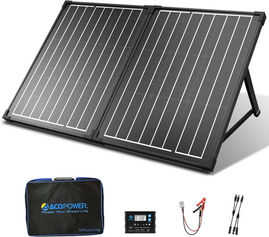 100W 12V portable solar panel kit with waterproof 20A charger controller, foldable monocrystalline design for camping and RV use.