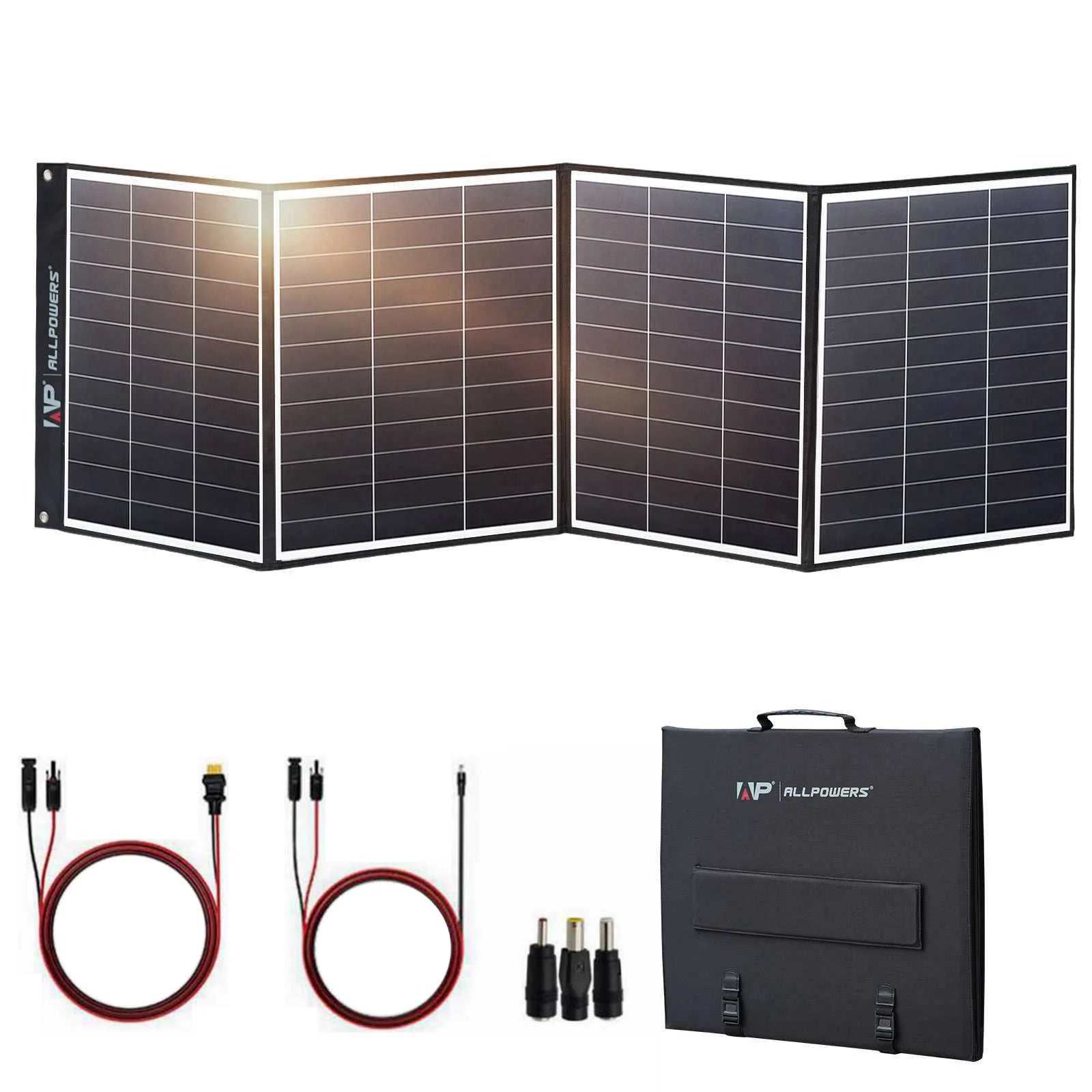 200W solar panel with foldable design, high-efficiency SUNPOWER cells, and waterproof rating for camping, RVs, and emergencies.