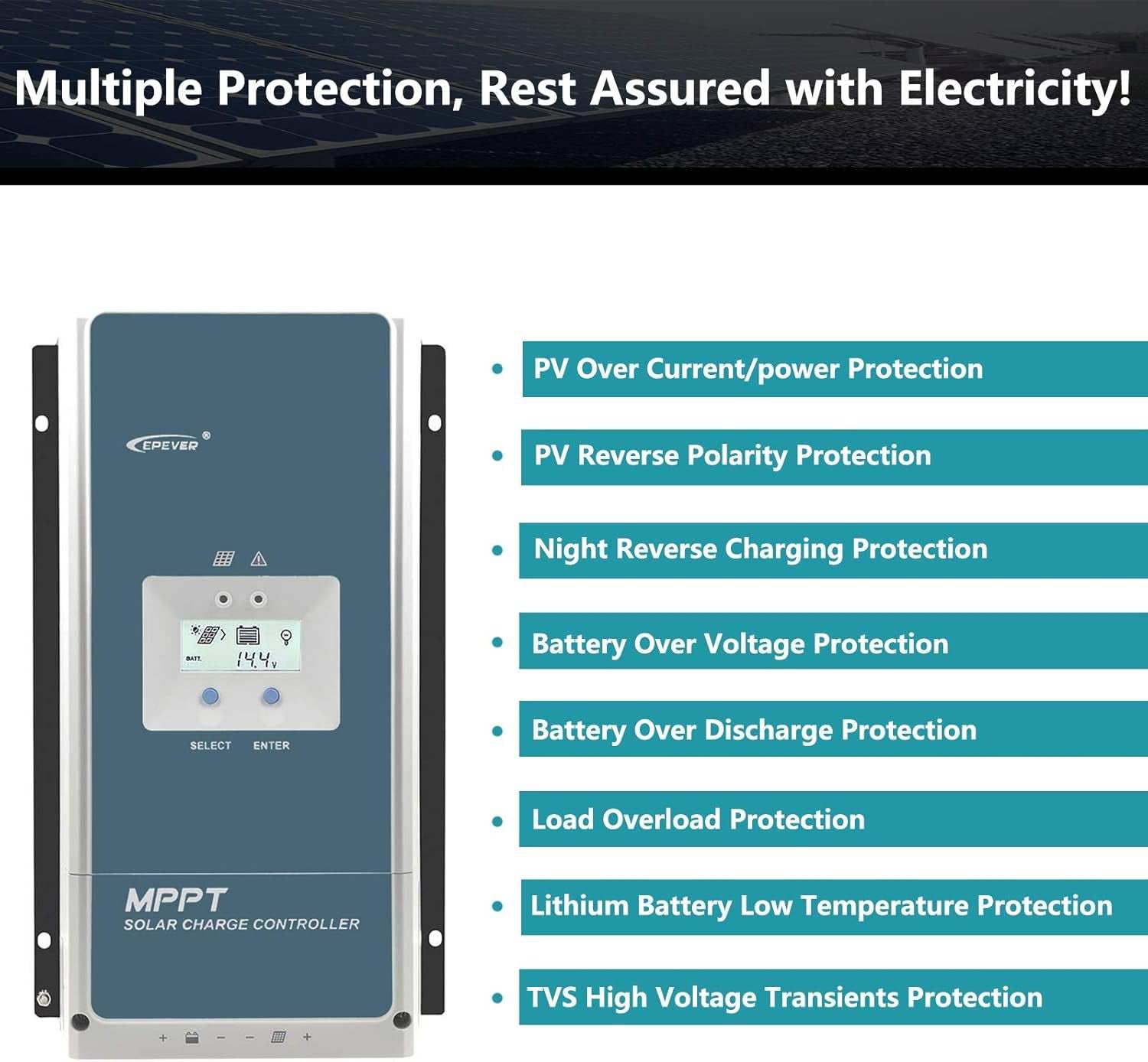 MPPT solar charge controller with multiple protection features, designed for efficient energy conversion and solar systems.