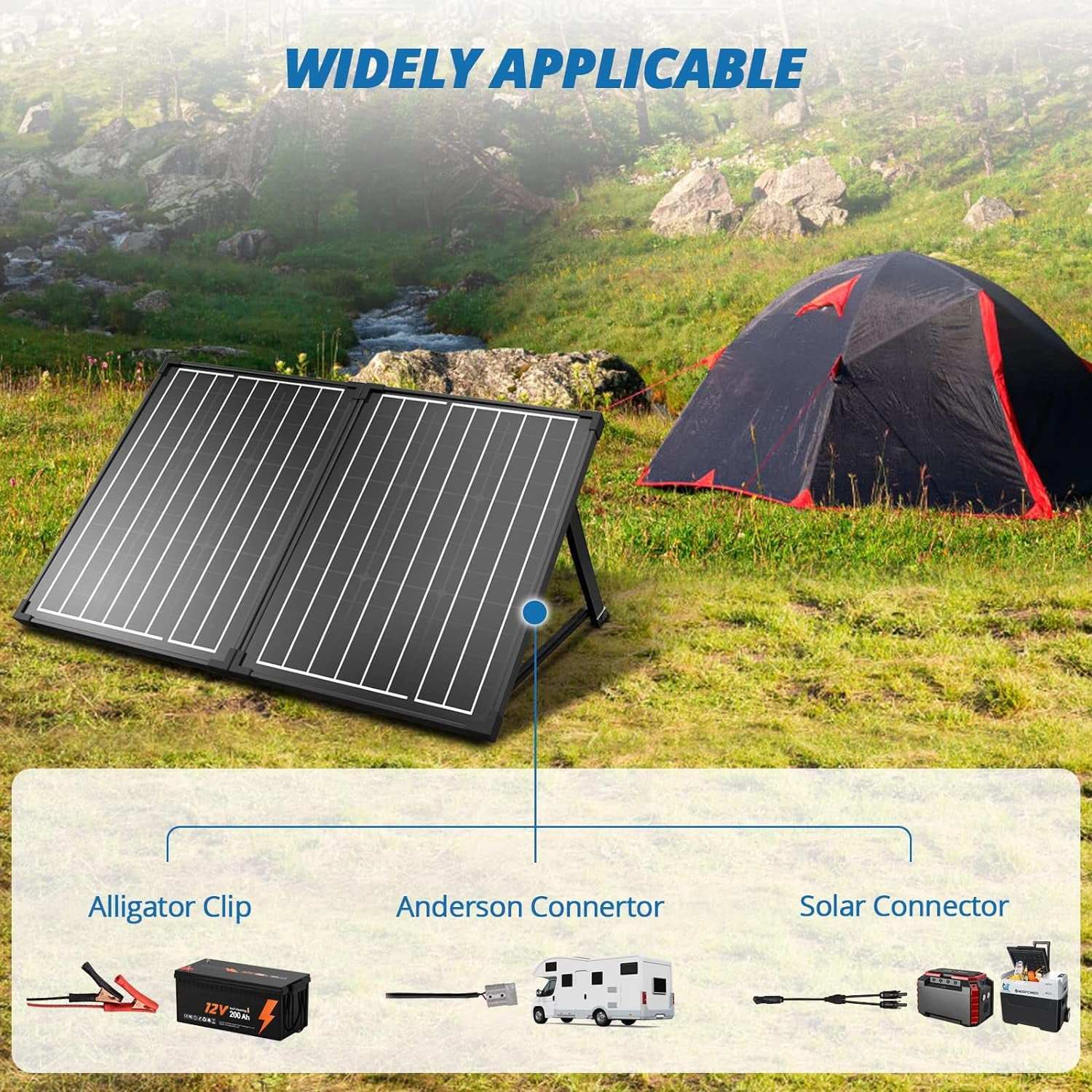 Portable solar panel kit with waterproof 20A charger controller, foldable design, perfect for camping and RV use.