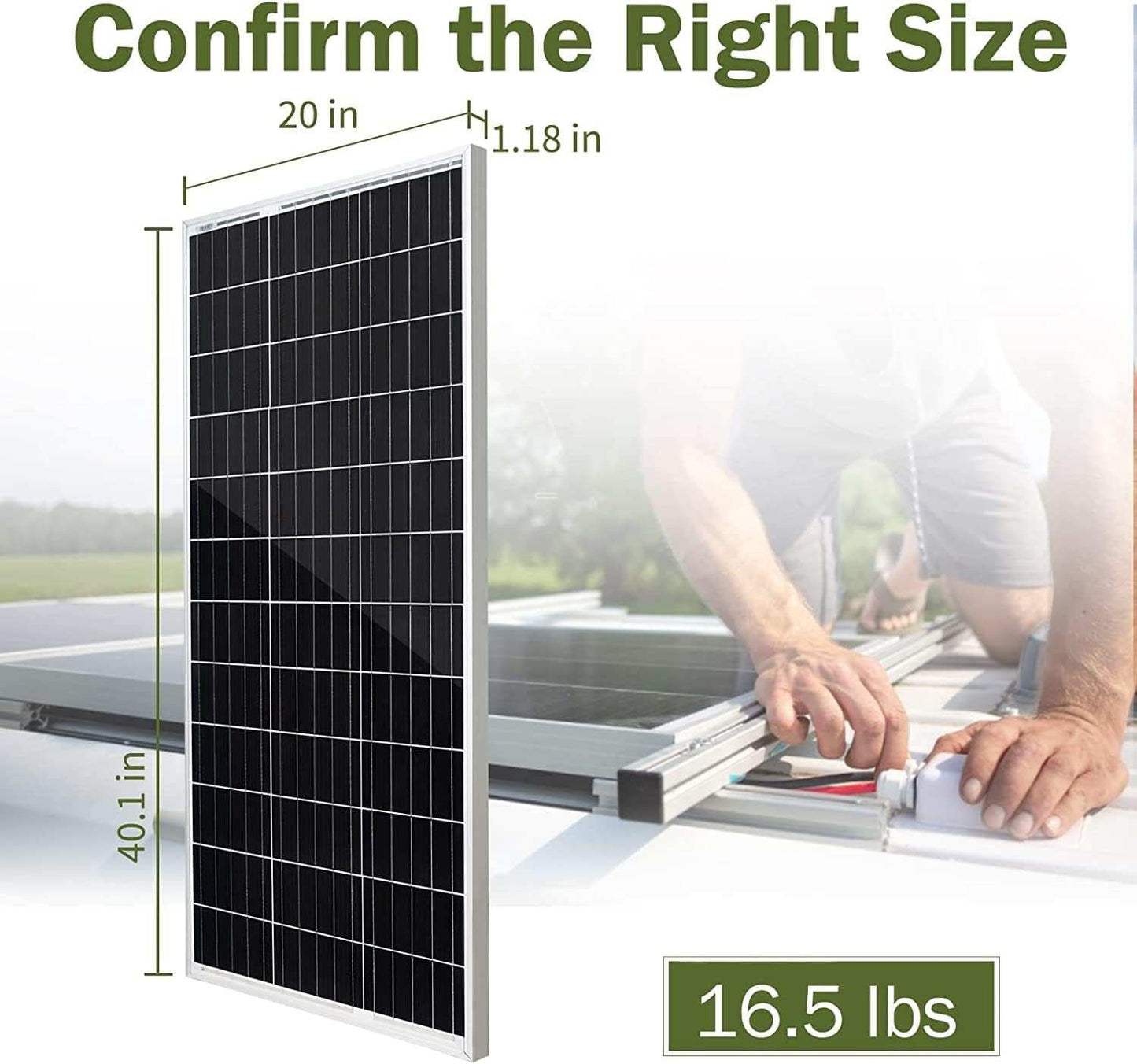 400W solar panel kit with MPPT technology, Z brackets, dimensions 40.1 x 20 x 1.18 inches, and weight 16.5 lbs.