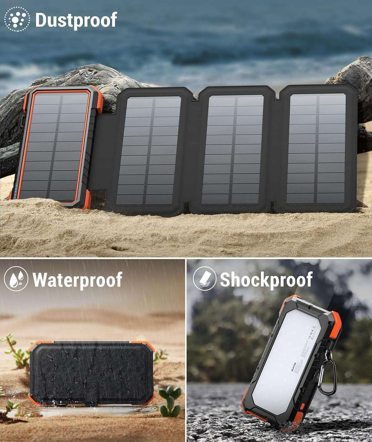 Ultimate Solar Charger Power Bank with 4 foldable panels, 20000mAh capacity, showcasing dustproof, waterproof, and shockproof features.