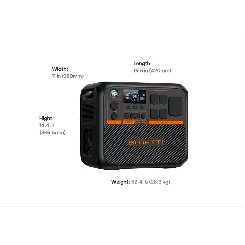 BLUETTI AC200PL Solar Superhero portable power station, dimensions labeled, black and orange design, multiple outlets and controls.