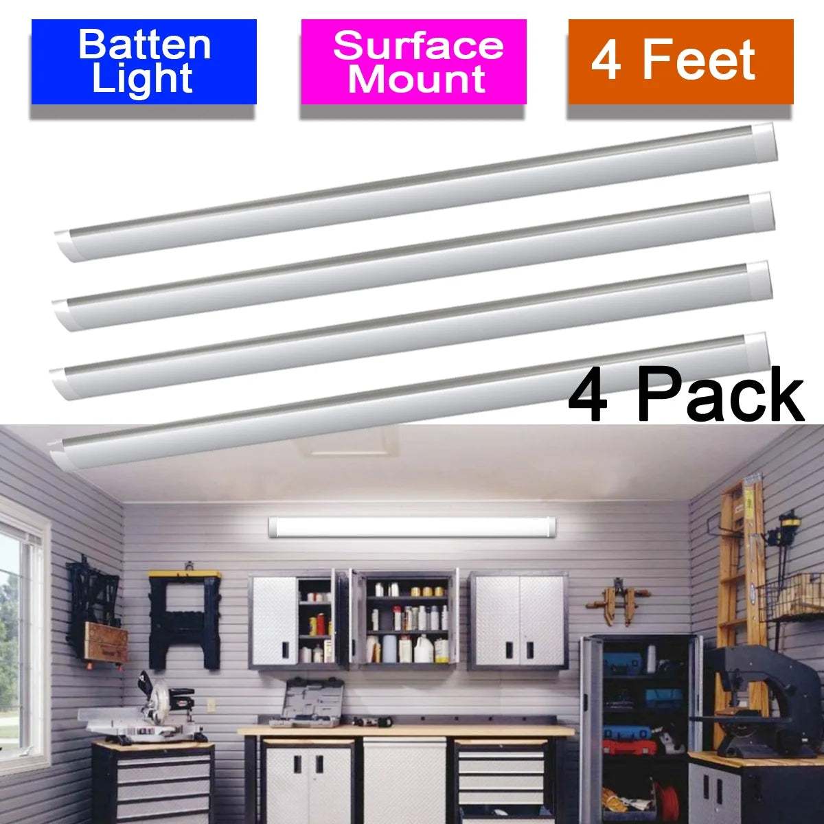 Illuminate your spaces effectively with the Bigland 4 Pack LED Shop Light Utility Ceiling Garage On/Off Switch with Power Cord. These durable ceiling fixtures are de