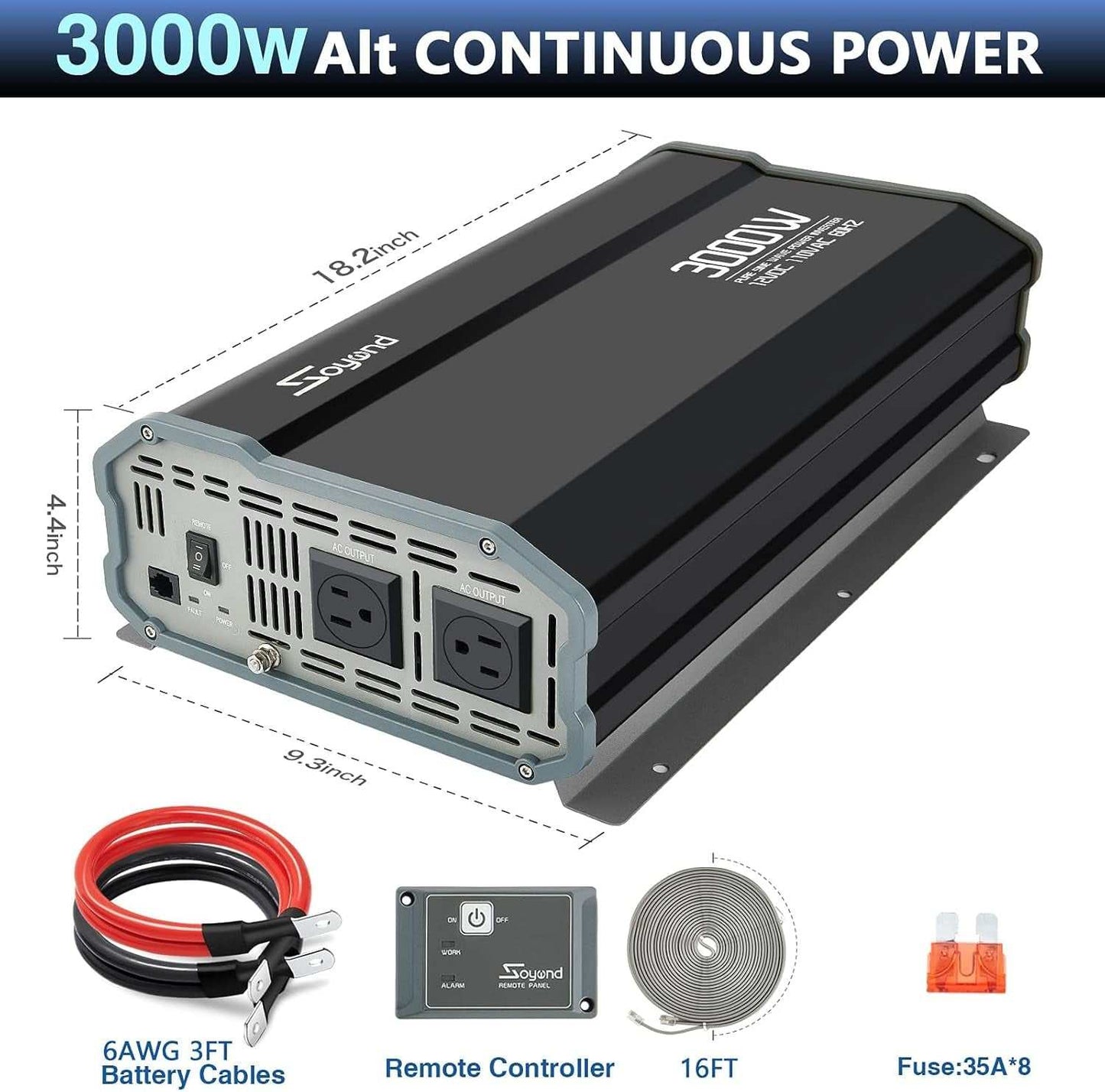 🎅【3000 watt Pure Sine Wave Inverter】Supply 3000W continuous DC to AC pure sine wave output power and 6000Watts peak power, featuring AC outlets with 6 ft cables, Su