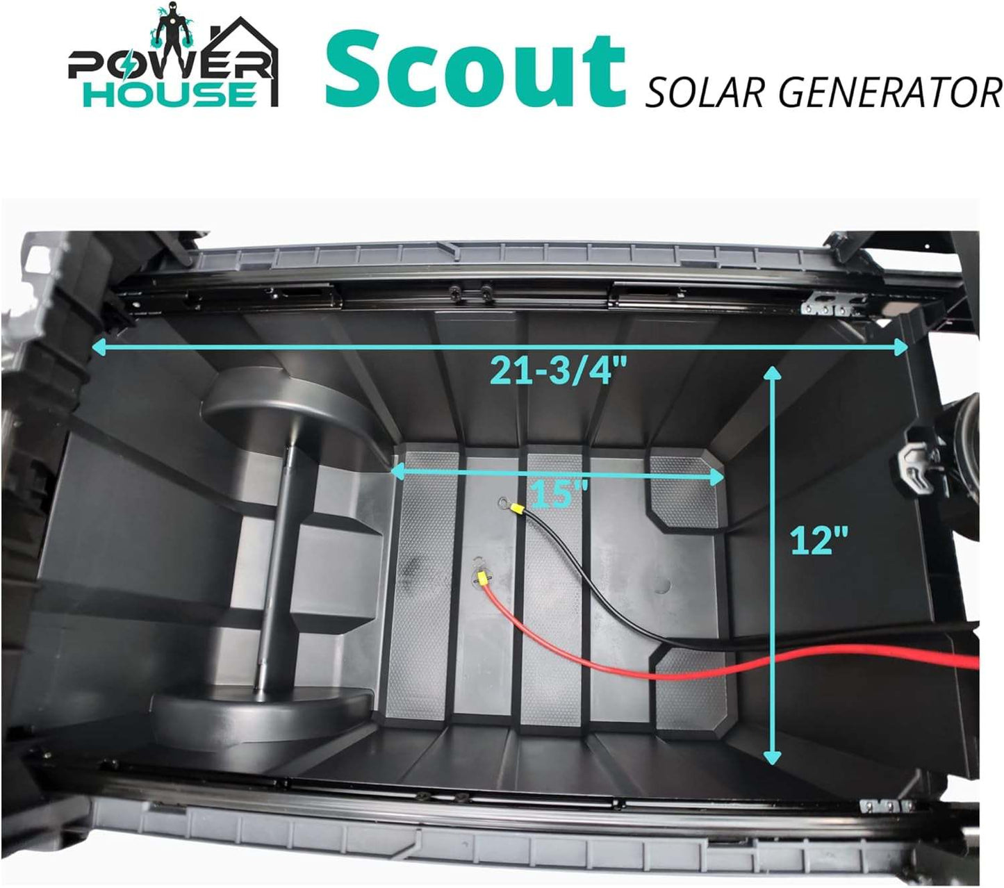 CEP Scout Complete 3000W Portable Solar Generator with mod sine inverter, showcasing spacious interior dimensions for battery capacity expansion.