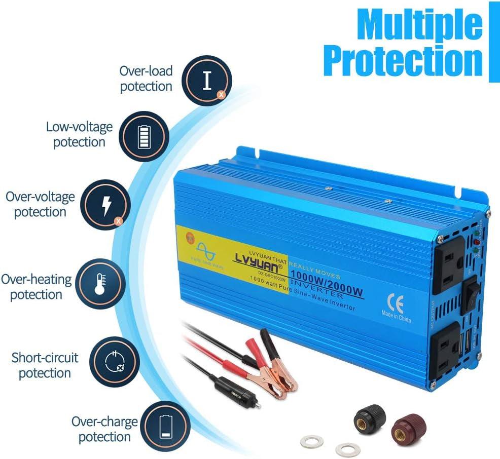 Powerful Output: Enjoy 1000 Watts continuous pure sine wave power with a 2000 Watts surge capacity. Convert DC 12V to AC 110V 60Hz with ease. The inverter's compact 