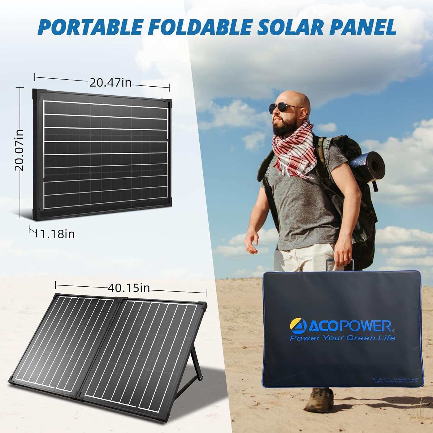 Portable foldable 100W solar panel with waterproof 20A charger controller, monocrystalline design suitable for camping and RV.