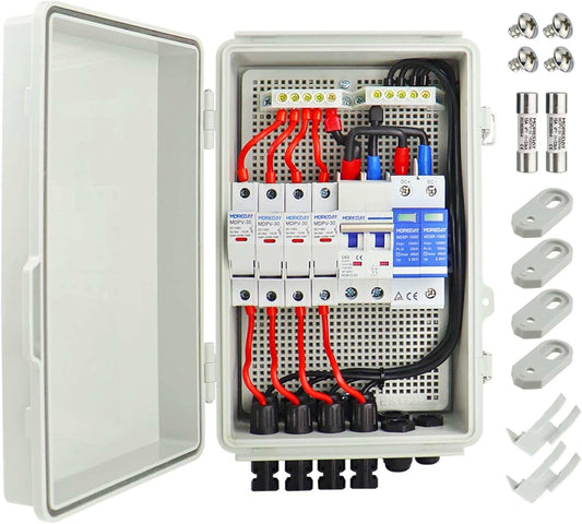 Safe and Reliable: The 4 String Solar Combiner Box is designed for optimal safety and performance. With a built-in 63A DC circuit breaker, a 15A DC fuse, and high vo