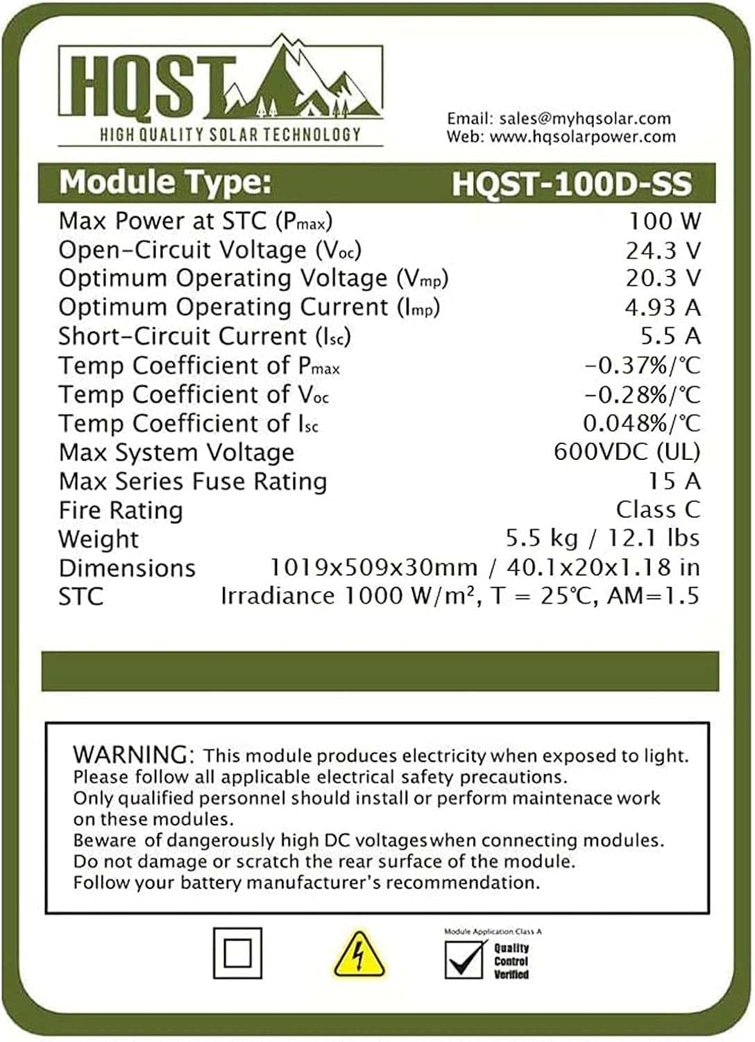 Module specifications for HQST 100W Solar Panel, including power ratings, voltage, current, and safety warnings.